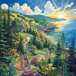 Scenic view of Superior, Wisconsin with families enjoying outdoor activities by Lake Superior