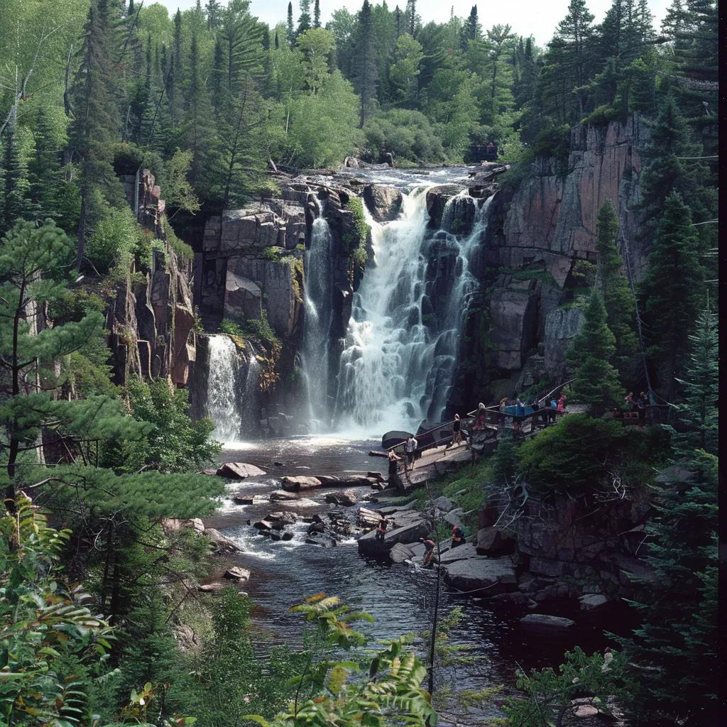 Big Manitou Falls in Pattison State Park surrounded by lush greenery and hikers on the trails